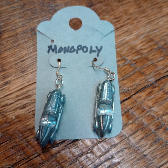 Monopoly Car Earrings Drop 3D Silver - Picture 1 of 3